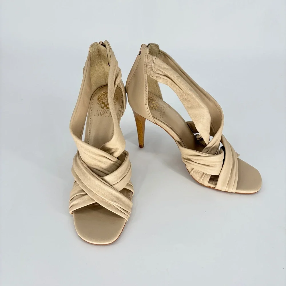 Vince Camuto Beige Leather Strappy Ruched Heeled Sandals Wood Heel Size 9.5M